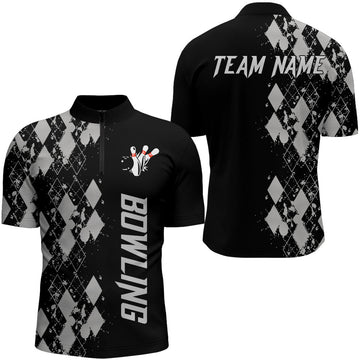 Custom Personalized Men Bowling Shirt Quarter-Zip Custom Name Argyle Pattern Bowler Team Shirt