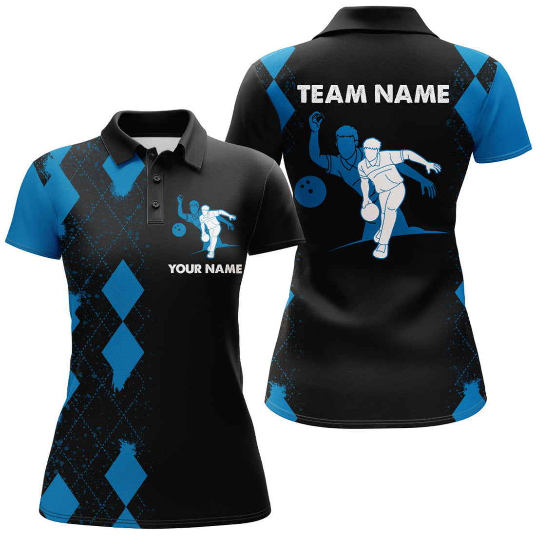 Custom Personalized Bowling Shirt for Women, Custom Name Ladies Blue&Black Polo Team Shirt Bowling Girl