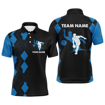 FUNSTUFFPRINT Personalized Bowling Shirt for Men, Custom Name Blue&Black Polo Bowler Team Shirt for Bowling Lover Polo Shirt Size S-5XL