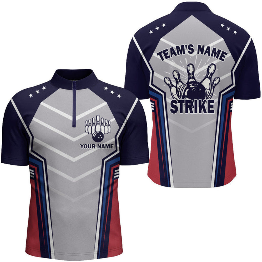 Custom Personalized bowling Quarter-Zip shirt for men blue lightning Custom name Team skull bowling Jerseys