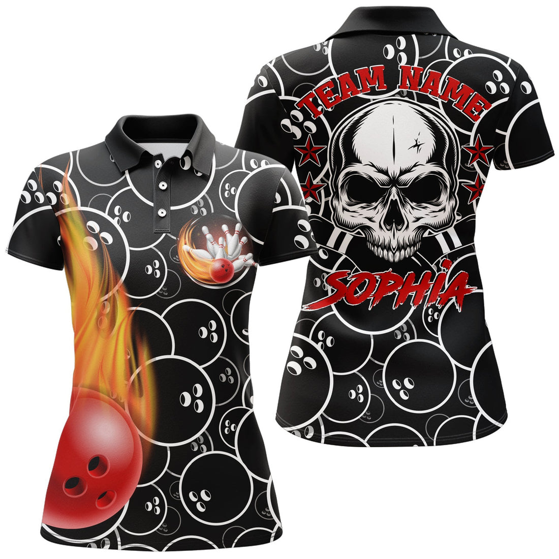 Custom Personalized Women Polo Flame Bowling Shirt Cool Skull Pins Black Bowling Short Sleeve Women Bowlers