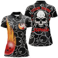 Custom Personalized Women Polo Flame Bowling Shirt Cool Skull Pins Black Bowling Short Sleeve Women Bowlers