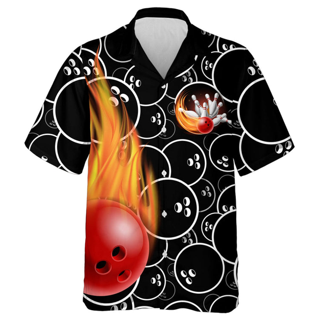 Custom Personalized Flame Hawaiian Bowling Shirt, Men Women Skull Pins Black Bowlers Short Sleeve Jersey
