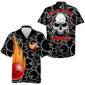 Custom Personalized Flame Hawaiian Bowling Shirt, Men Women Skull Pins Black Bowlers Short Sleeve Jersey