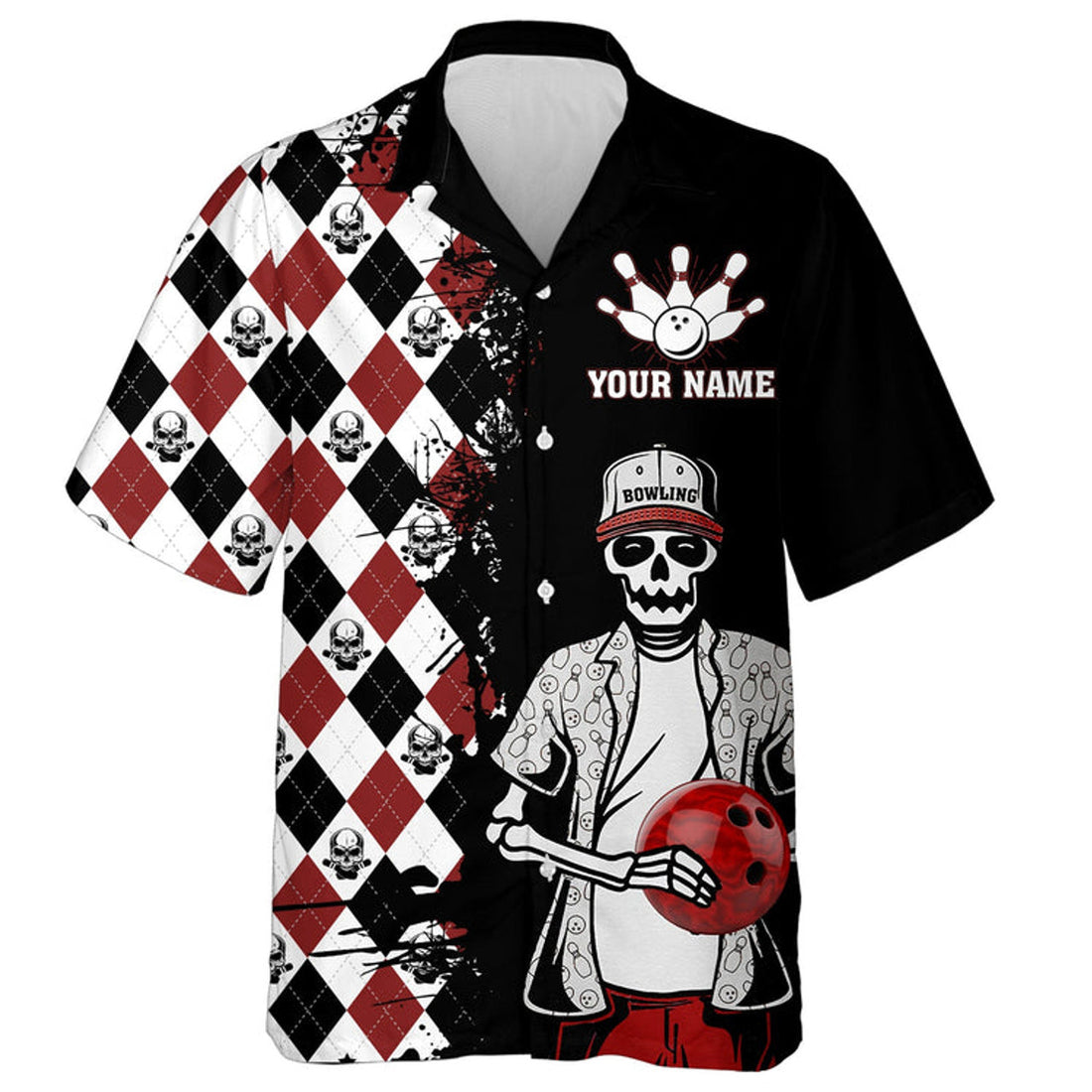 Custom Skull Hawaiian Bowling Shirt Men Women Personalized Name Argyle Bowling Pattern Bowler Team