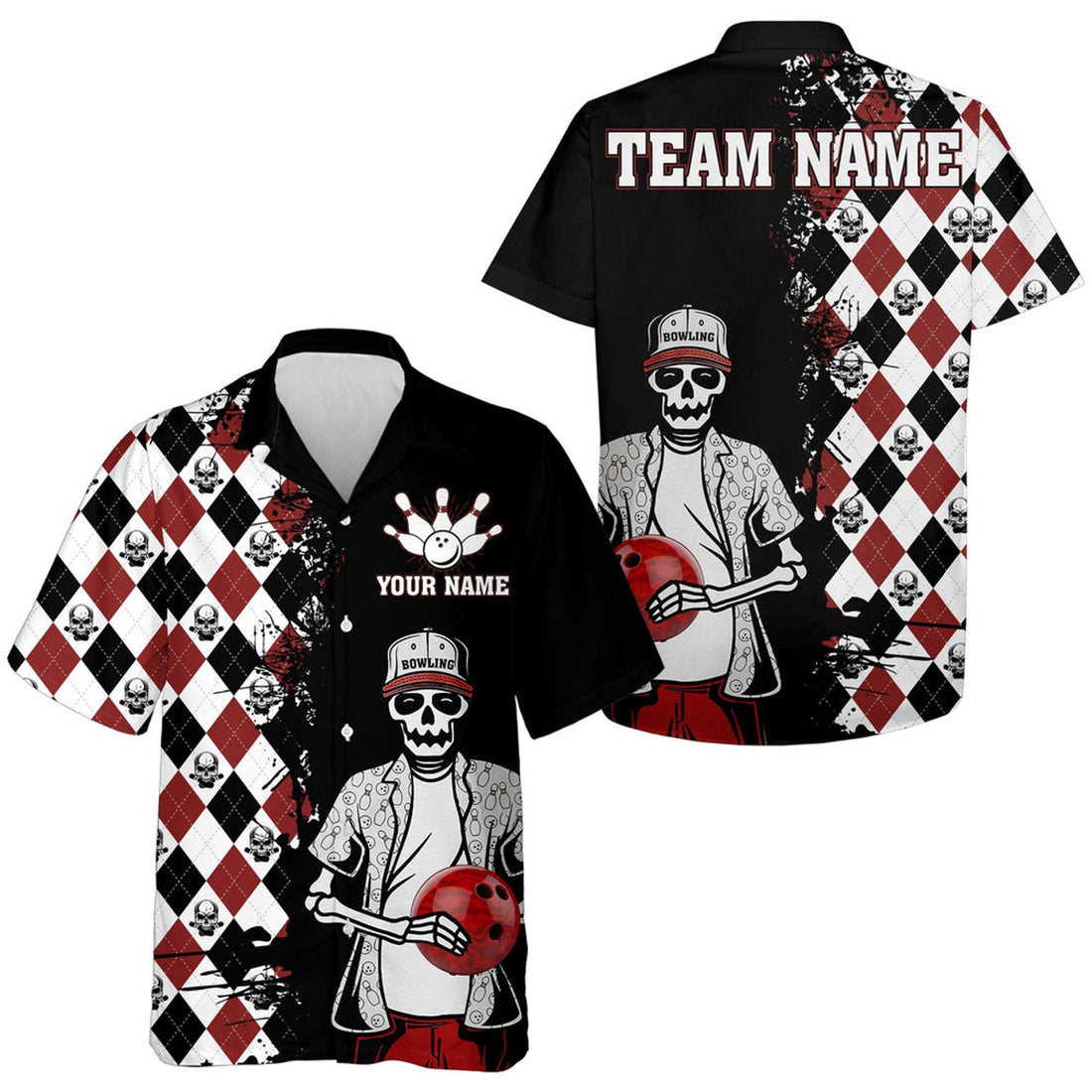 Custom Skull Hawaiian Bowling Shirt Men Women Personalized Name Argyle Bowling Pattern Bowler Team