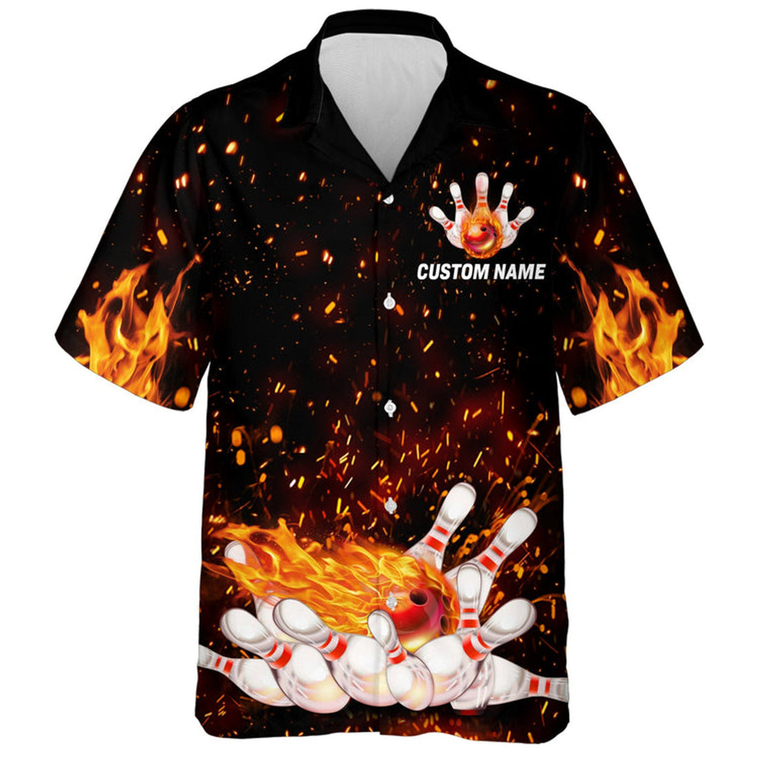 Flame Hawaiian Bowling Shirt, Personalized Team Bowlers Jersey Short Sleeve Button Down Fire Bowling