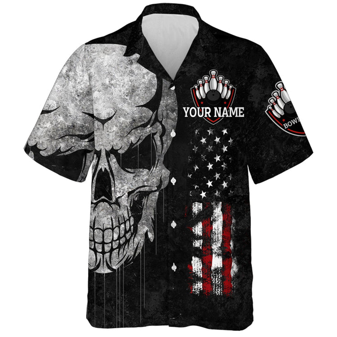 Custom Men Women Skull Hawaiian Bowling Shirt, Patriotic Custom Name Black Bowlers Jersey American Flag