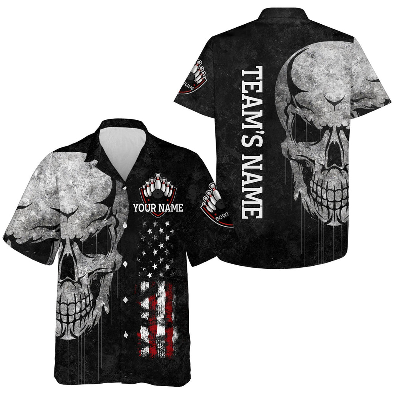 Custom Men Women Skull Hawaiian Bowling Shirt, Patriotic Custom Name Black Bowlers Jersey American Flag