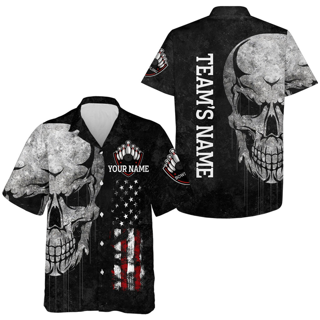 Custom Men Women Skull Hawaiian Bowling Shirt, Patriotic Custom Name Black Bowlers Jersey American Flag