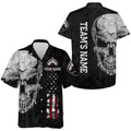 Custom Men Women Skull Hawaiian Bowling Shirt, Patriotic Custom Name Black Bowlers Jersey American Flag