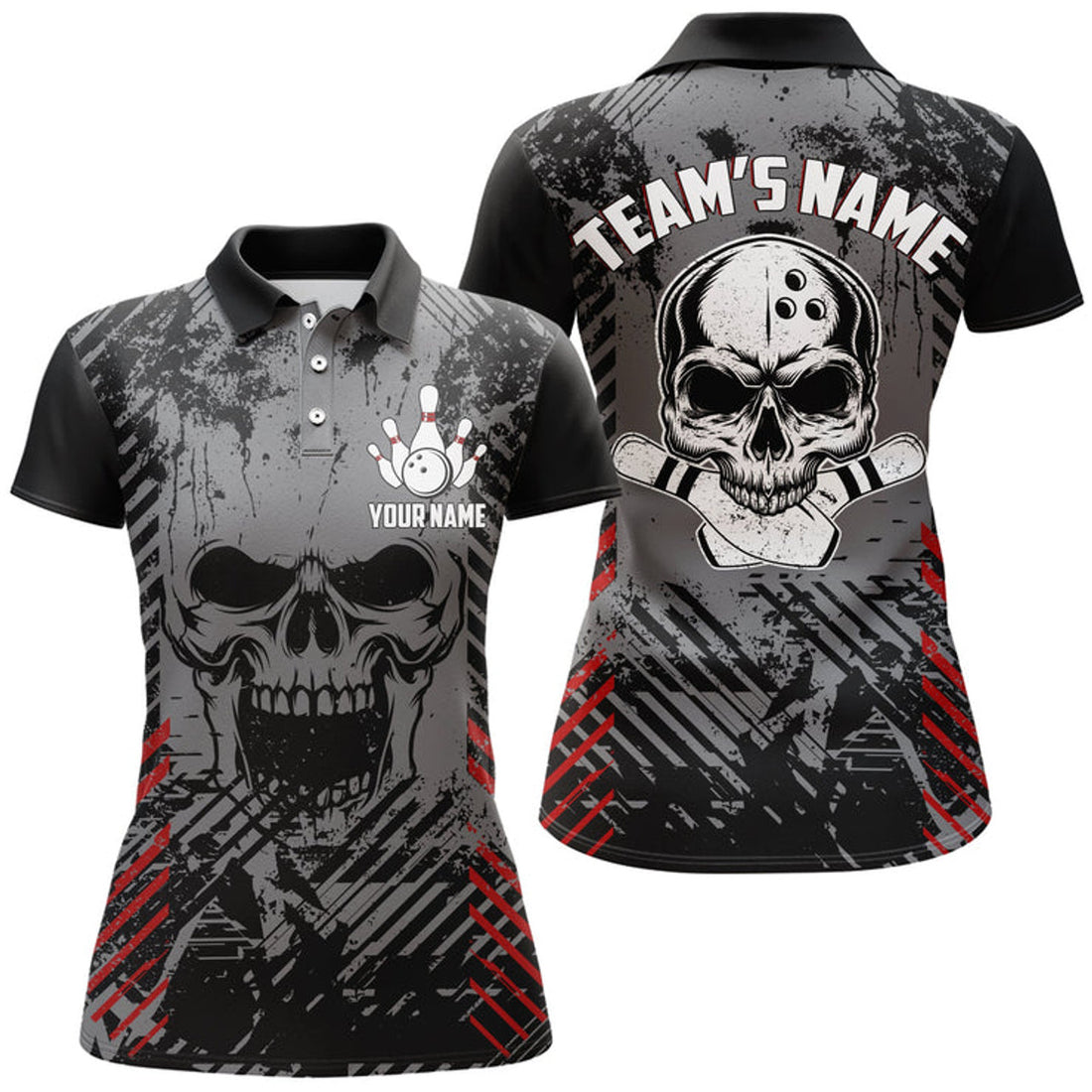 Custom Personalized Skull Bowling Shirt For Women Custom Team's Name Bowling Jersey Lady Bowler Polo Shirt