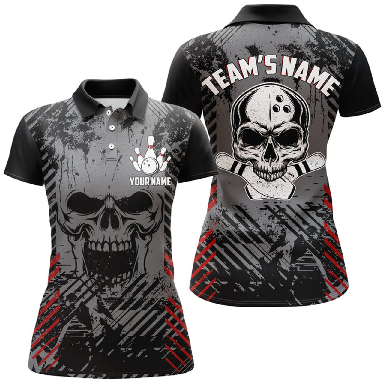 Custom Personalized Skull Bowling Shirt For Women Custom Team's Name Bowling Jersey Lady Bowler Polo Shirt