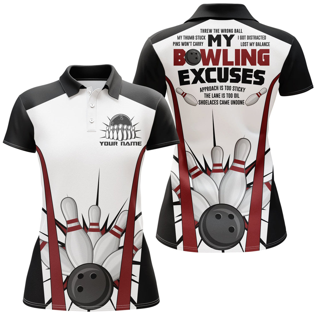 Custom Funny Women's Polo Bowling Shirt, Custom Name Ladies Bowlers Jersey, Bowling Excuses