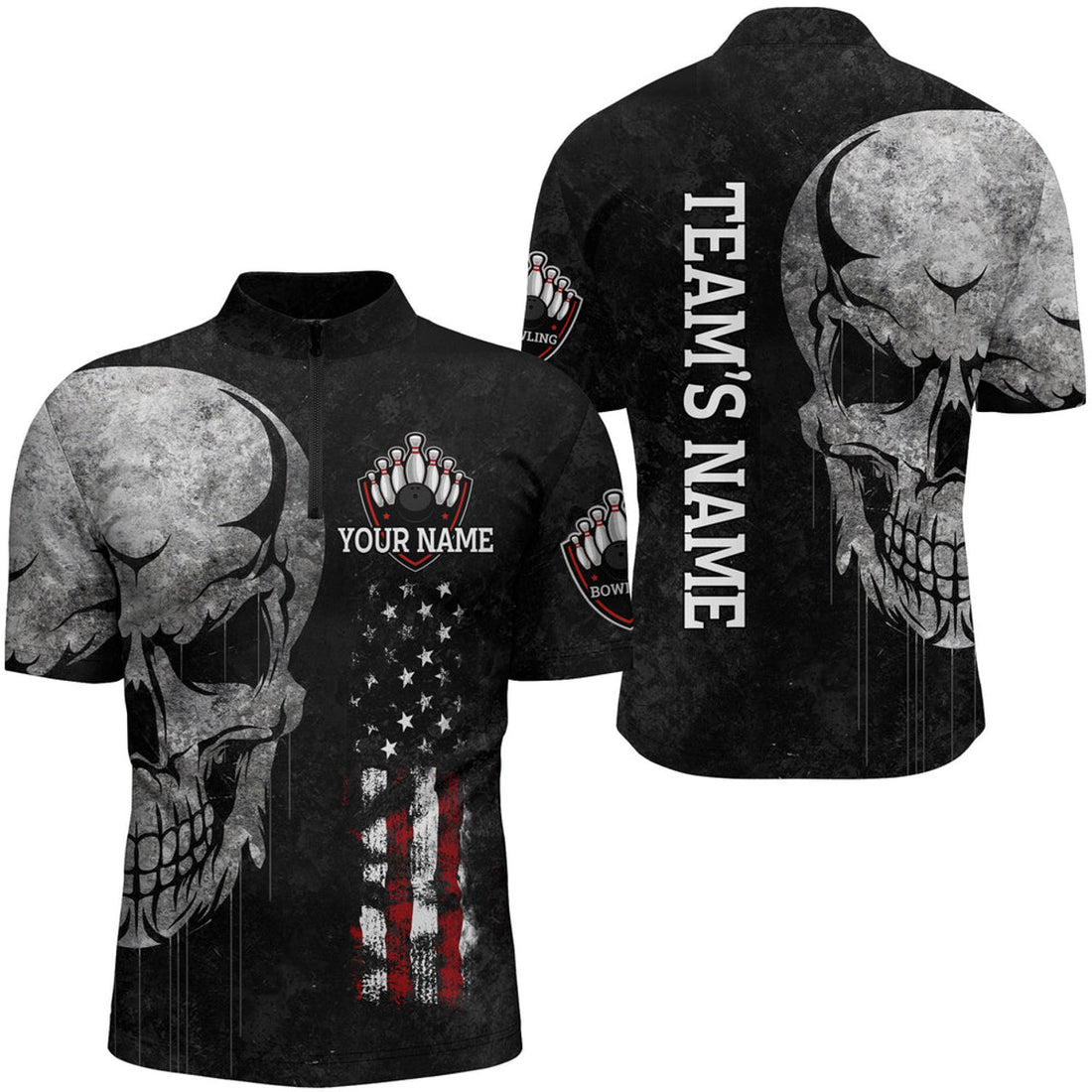 Custom Men's Skull Bowling Shirt Quarter-Zip, Patriotic Custom Name Men Bowlers Jersey American Flag