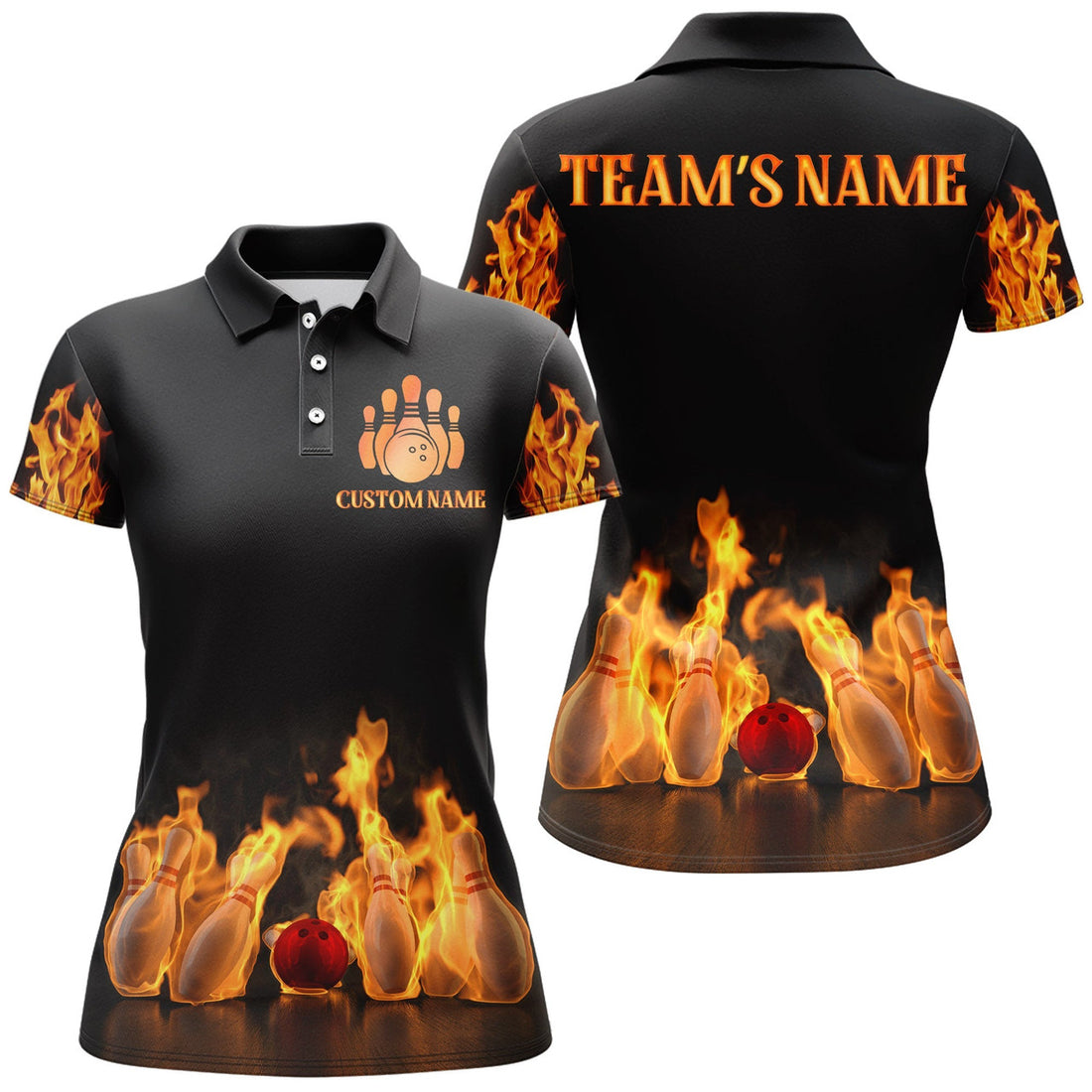 Custom Fire Bowling Shirt for Women Flame Bowling Jersey with Name League Bowling Ladies Polo Shirt