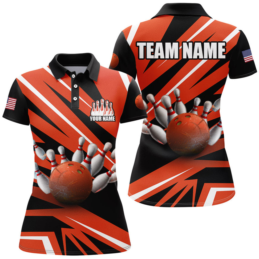 Custom Bowling Shirt for Women Orange&Black Bowling Jersey Bowling Team League Polo Shirt
