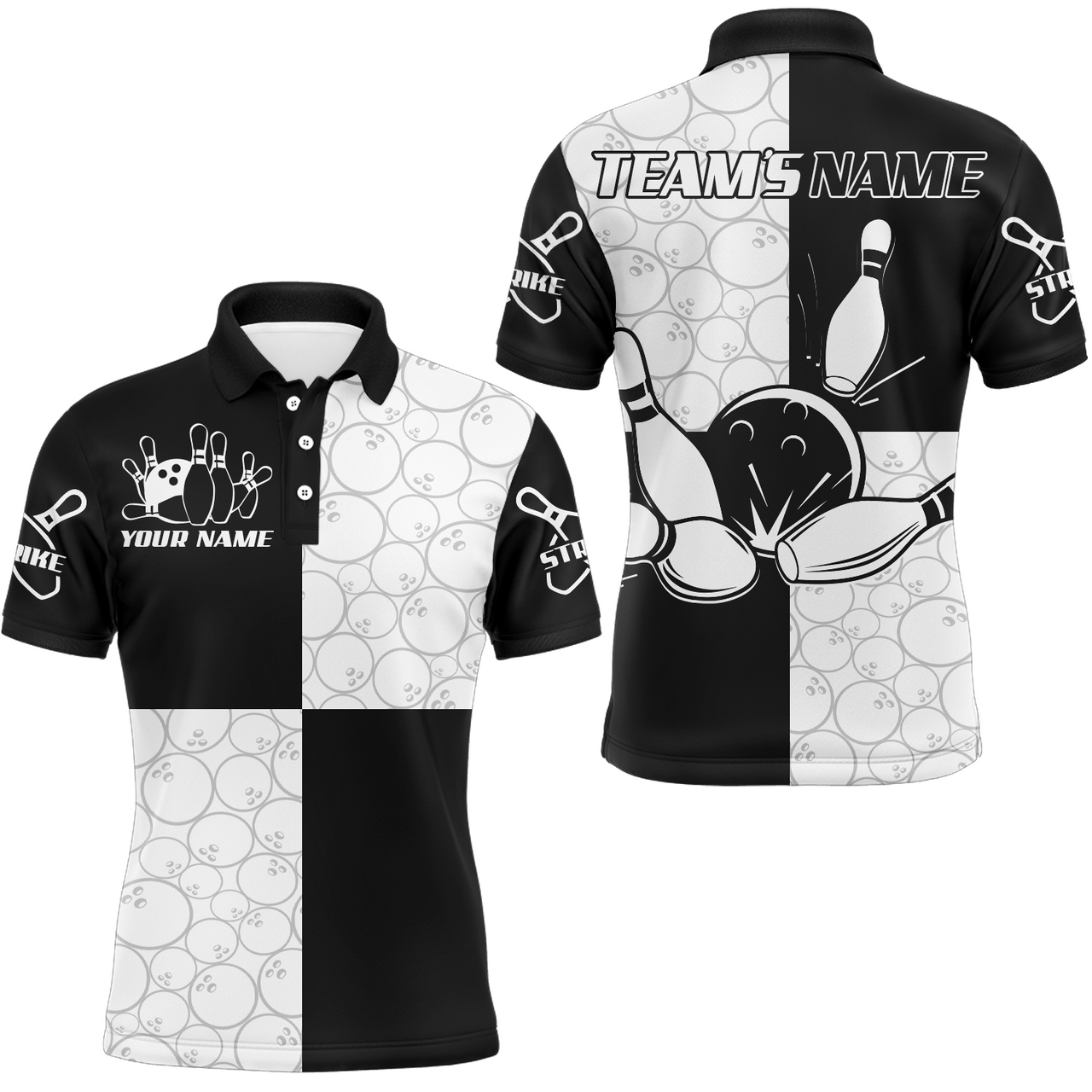 Custom Black & White Bowling Shirt for Men Custom Bowling Team Jersey League Polo Shirt