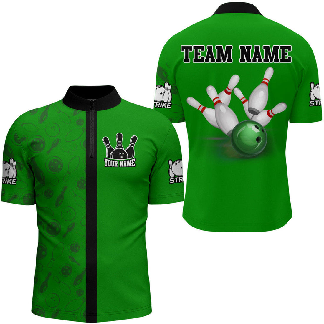Custom Green Bowling Shirt for Men Bowling Jersey Bowling Team League Quarter-Zip Shirt