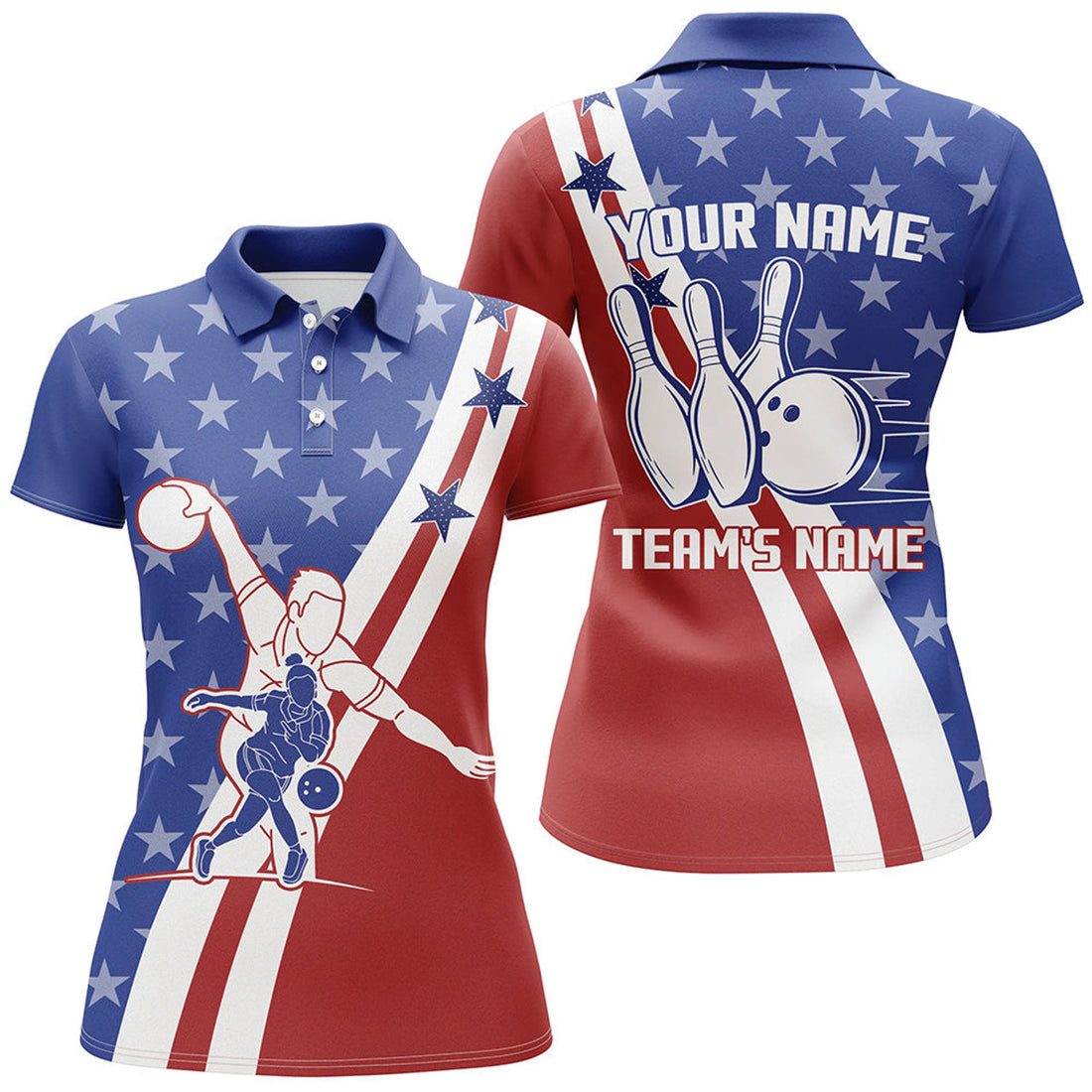 Custom American Flag Bowling Jersey For Women Personalized Bowling Polo Shirt Patriotic Bowling Team Shirt
