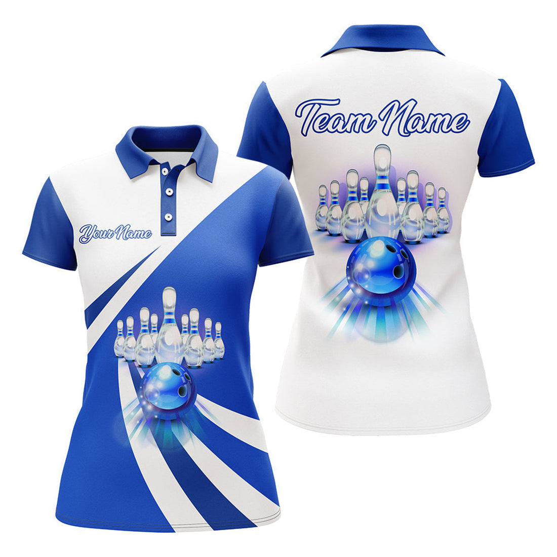 Custom Bowling Polo Shirt for Women Blue Bowling Jersey With Name Ladies Bowling Team League Shirt