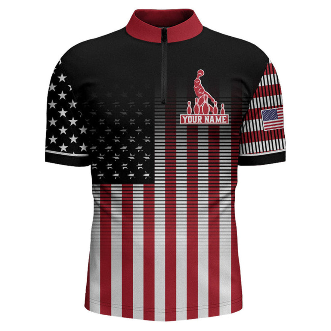 Custom American Bowling Jersey Men Custom Black Bowling Quarter-Zip Shirt Team Patriot Bowling Shirt