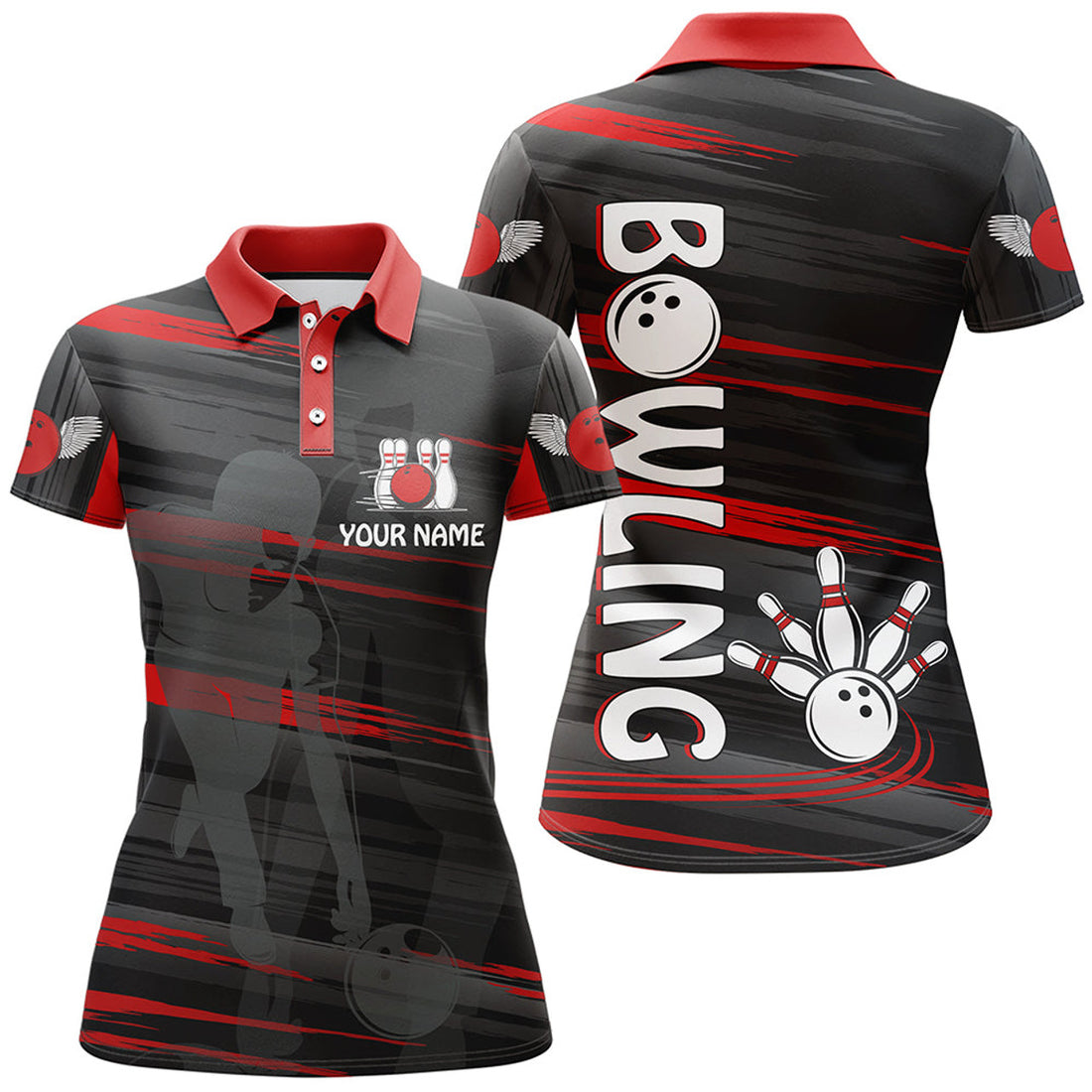 Custom Personalized Bowling Polo Shirt For Women Red And Black Bowling Shirt For Team Custom Bowling Jersey