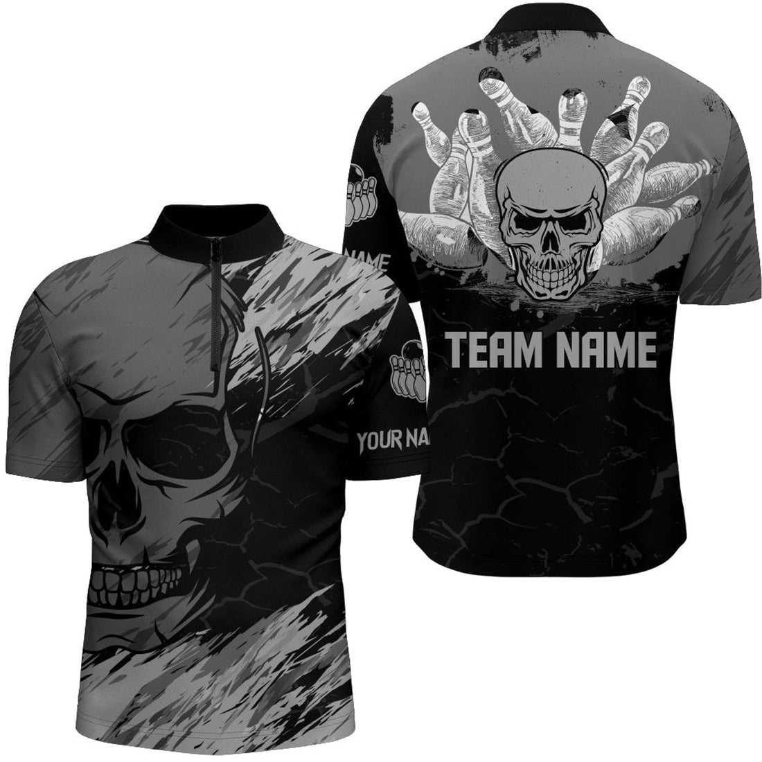 Custom Skull Bowling Quarter-Zip Shirt For Men Black Bowling Team Jersey Custom Bowling Jersey Shirt