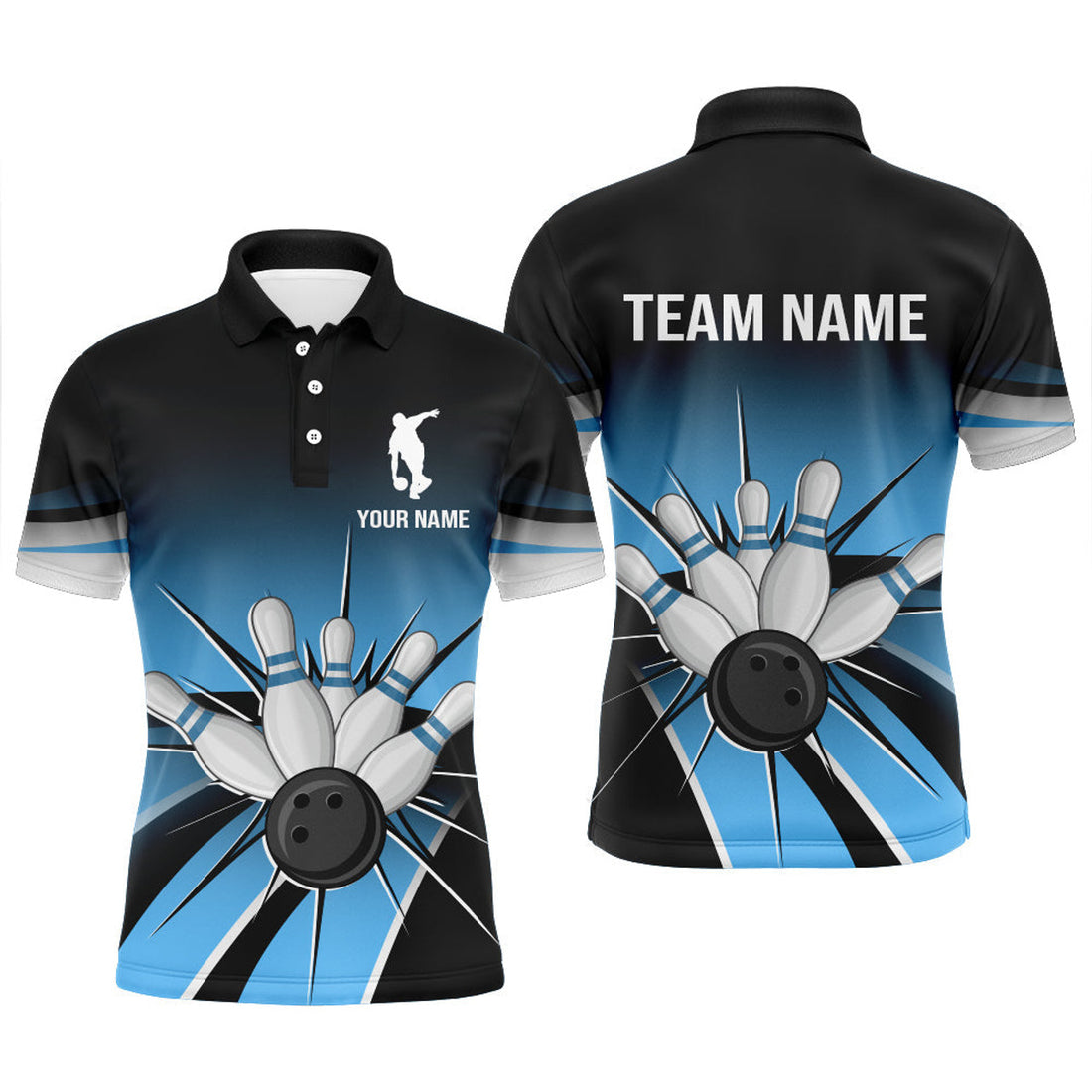 FUNSTUFFPRINT Black&Blue Bowling Polo Shirt Vintage Custom Bowling Jersey For Men Polo Shirt Size S-5XL