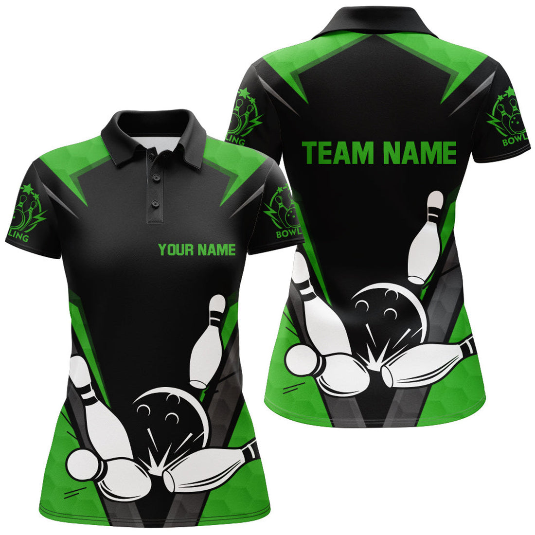 Custom Black&Green Bowling Polo Shirt For Women Custom Bowling Jersey Vintage Bowling Team League Shirt