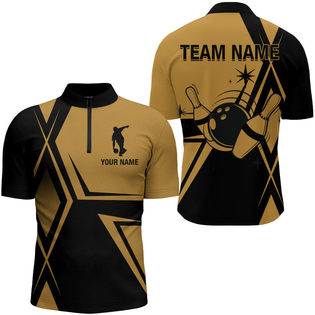 Custom Black and Gold Bowling Jersey Men Custom Bowling Quarter-Zip Shirt Vintage Bowling Team League Shirt