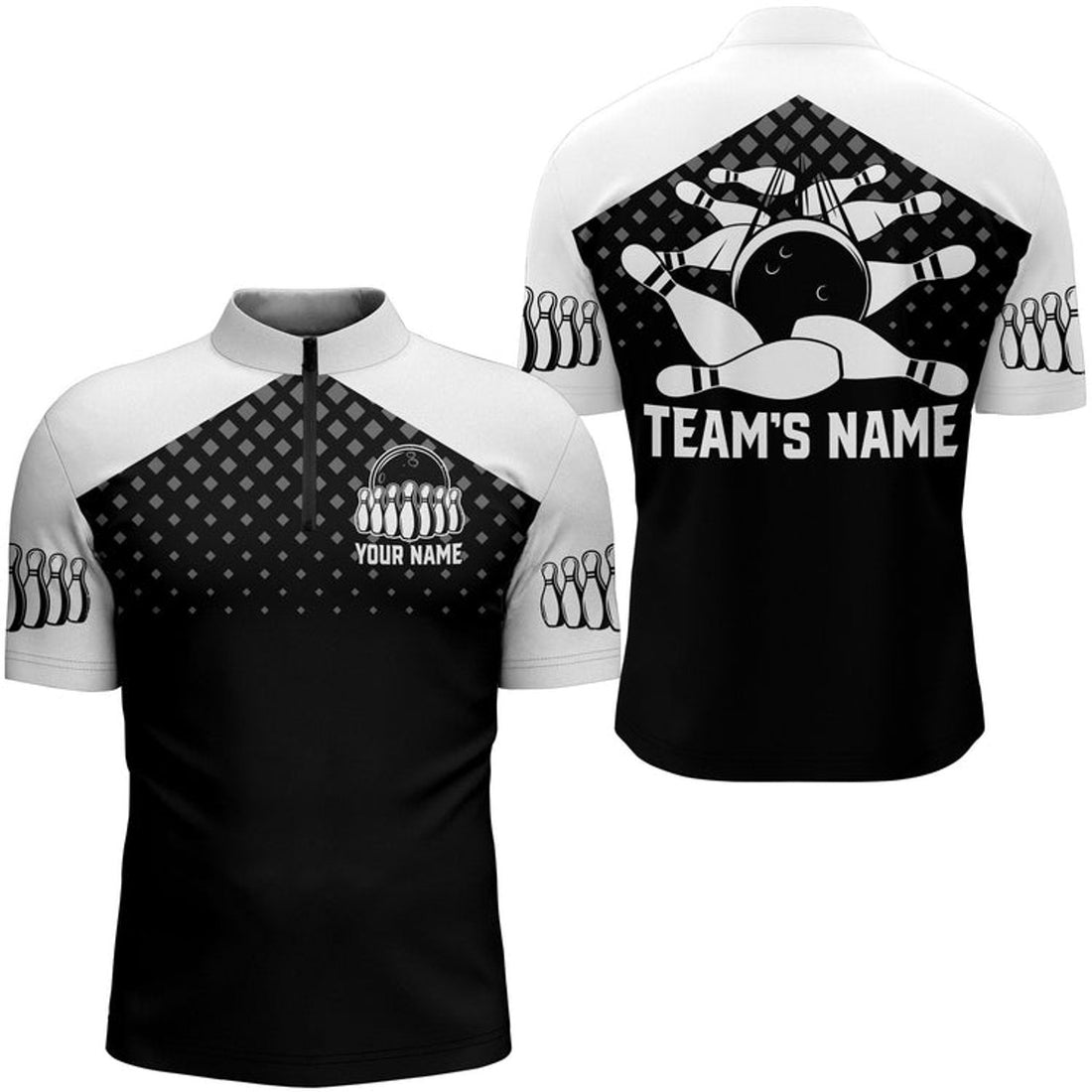 Custom Black & White Bowling Shirt for Men Custom Bowling Team Jersey Bowling Quarter-zip Shirt