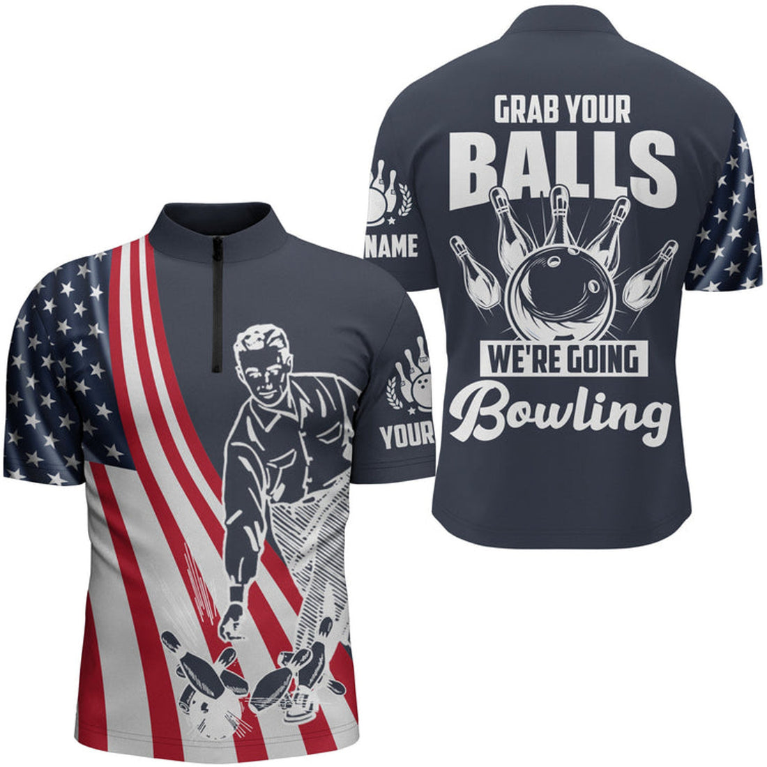 Custom Bowling shirts for men American flag patriotic Bowling Ball & Pins men Quarter Zip