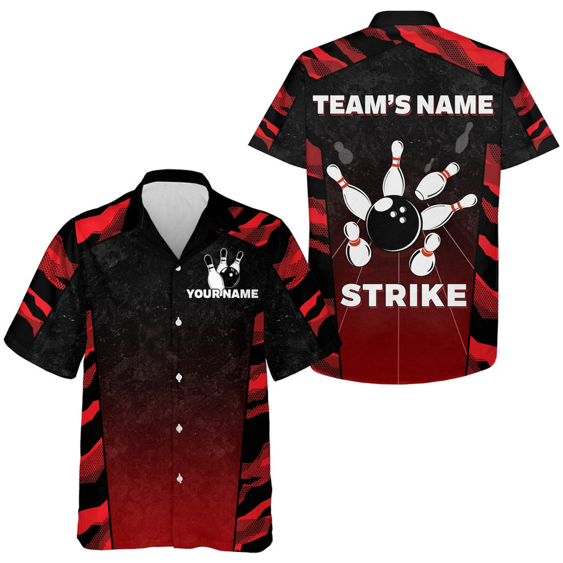 Custom Red Camo Hawaiian Bowling Shirt For Men, Custom Name Team Name Bowling Jersey Strike Bowling Shirt