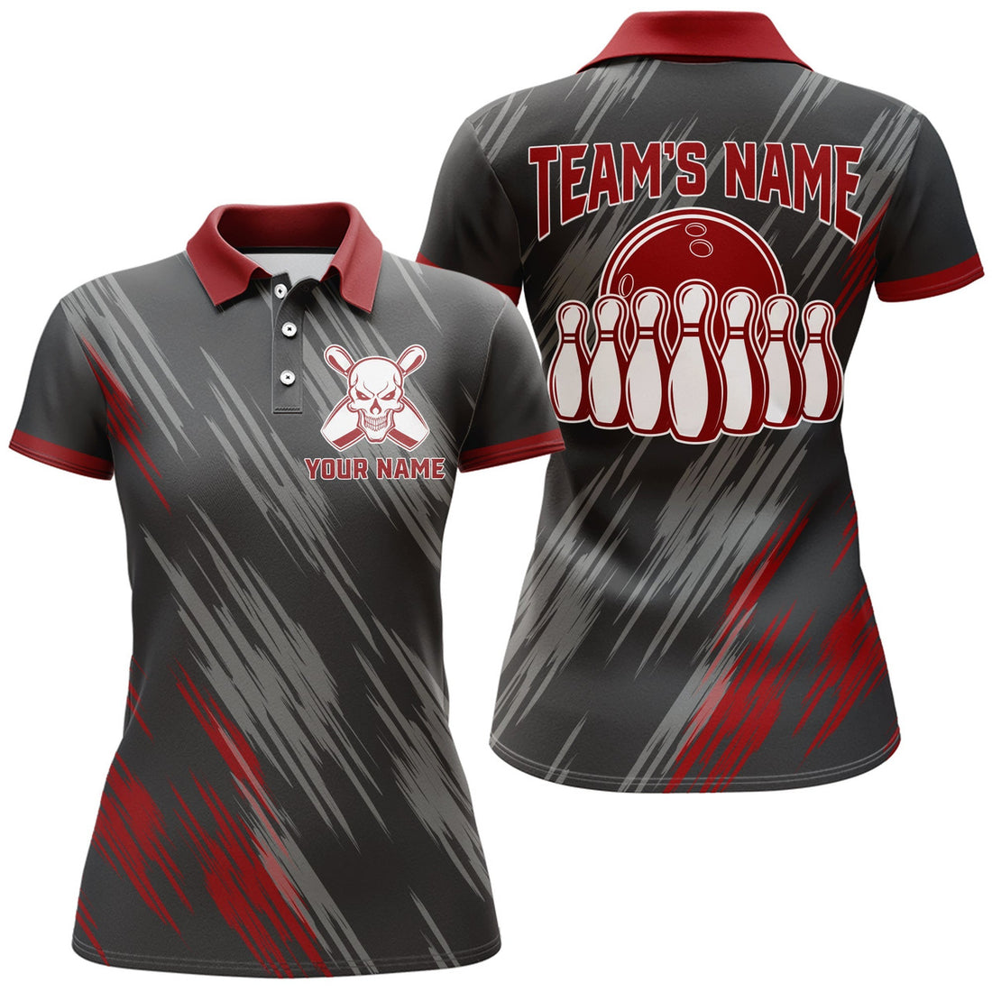 Custom Skull Bowling Polo Shirt For Women Black&Red Bowling Jersey Ladies Bowling Team Shirt