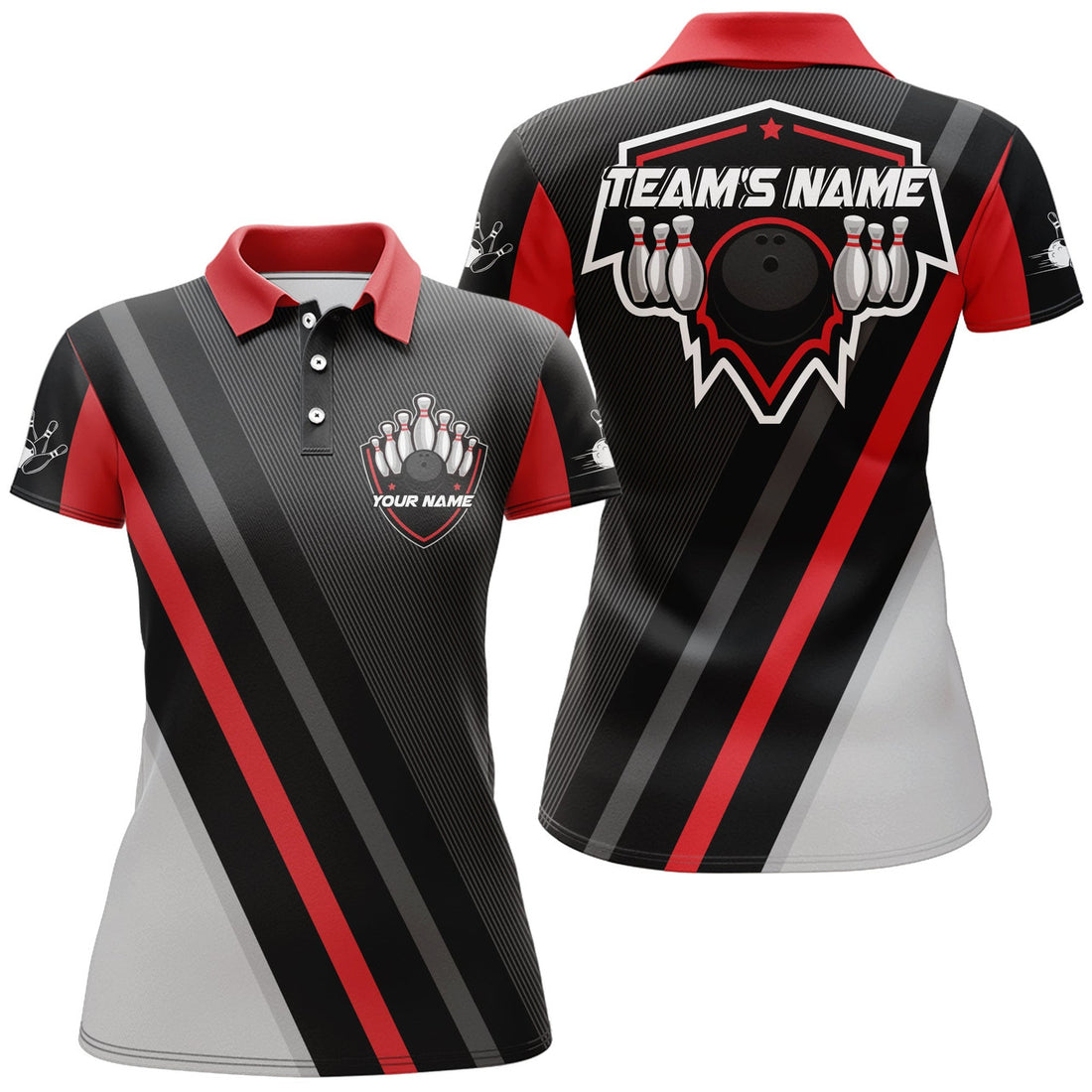 Custom Black&Red Bowling Polo Shirt For Women Vintage Bowling Team League Jersey Custom Bowling Shirt
