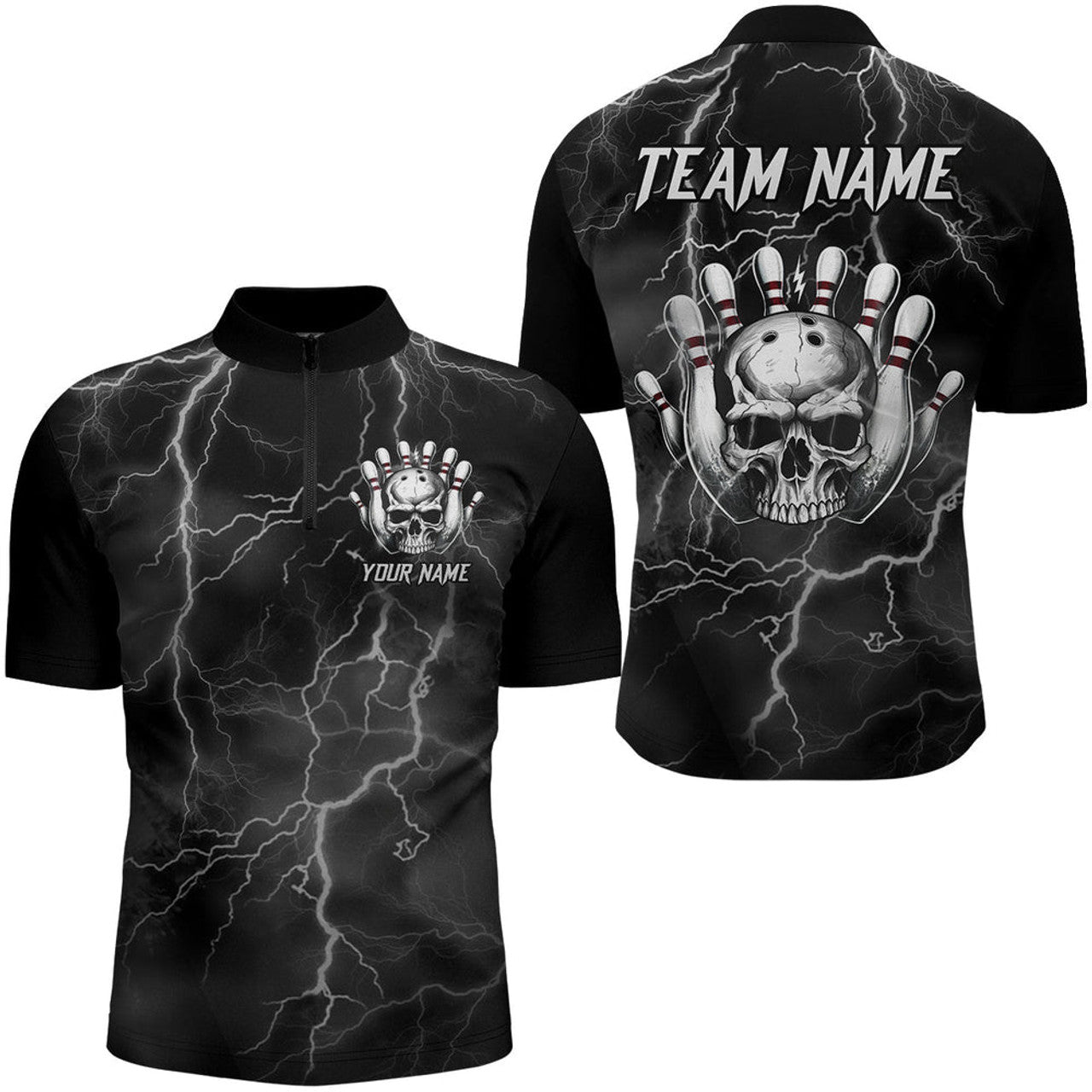 Custom Skull Bowling League Shirt Men Bowling Jersey Team Lightning Thunder Bowling Quarter-Zip Shirt