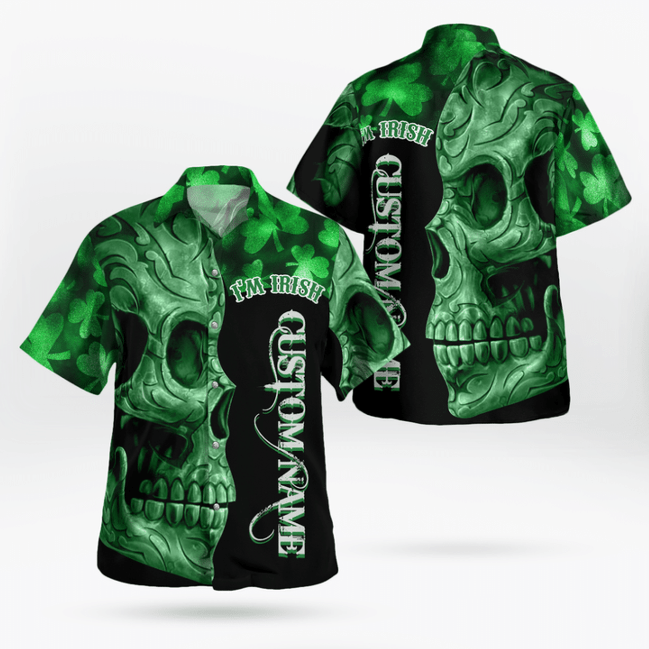 Irish St. Patrick Day hawaiian shirt, Green Shamrocks Reflecting Light On Black Background 3D Hawaii Shirt - Gift For Irish