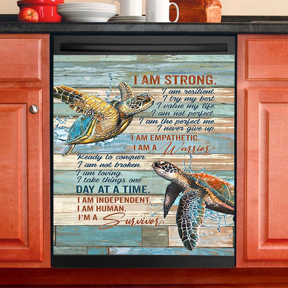 I Am Strong I Am A Survivor Sea Turtle Dishwasher Cover, Christian Dishwasher Stickers, Bible Verse Kitchen Decor