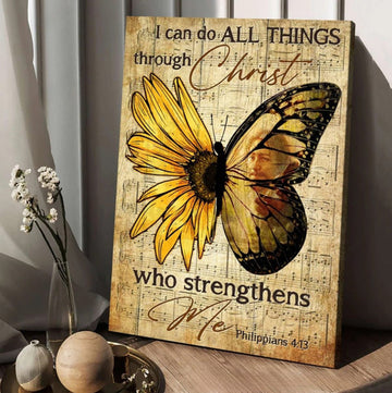I Can Do All Things Through Christ Canvas - Butterfly Sunflower Pattern Painting Canvas Posters - Christian Wall Posters - Religious Wall Decor