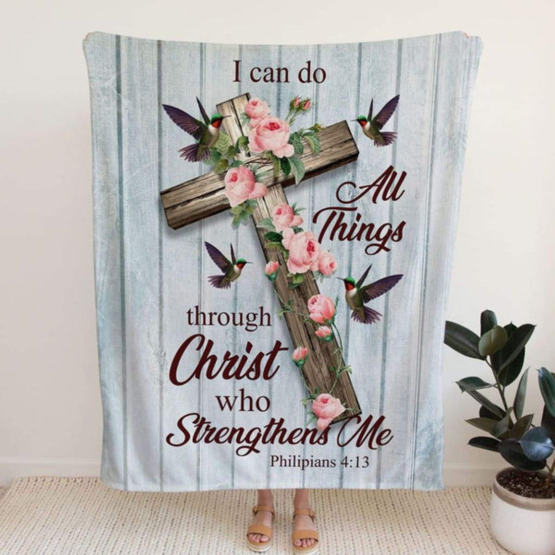 FUNSTUFFPRINT I Can Do All Things Through Christ Cross With Flowers Fleece Blanket - Christian Blanket - Bible Verse Blanket