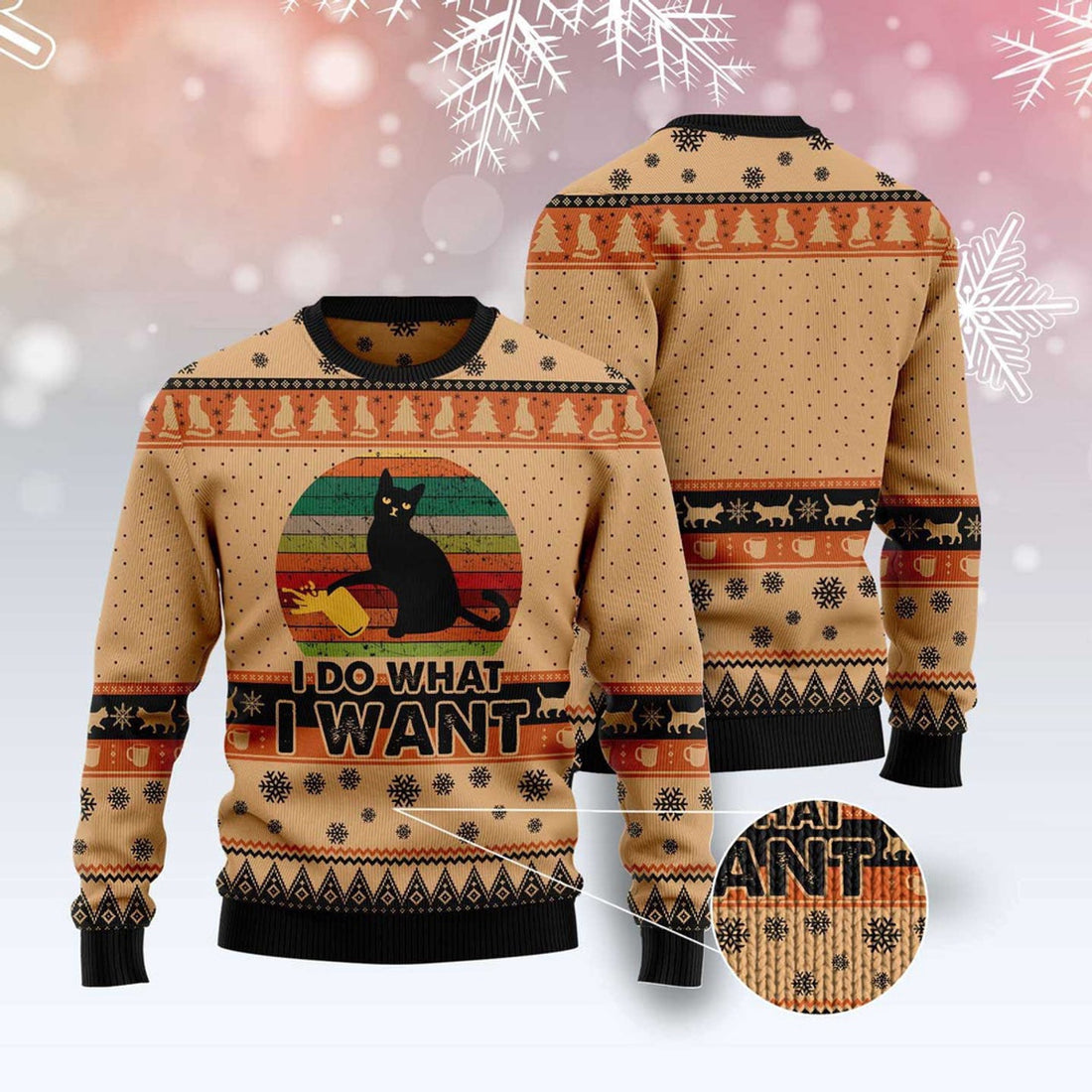 FUNSTUFFPRINT I Do What A Want Black Cat Ugly Christmas Sweater, Christmas Cat Ugly Sweater, Ugly Cat Xmas Sweater Ugly Sweater