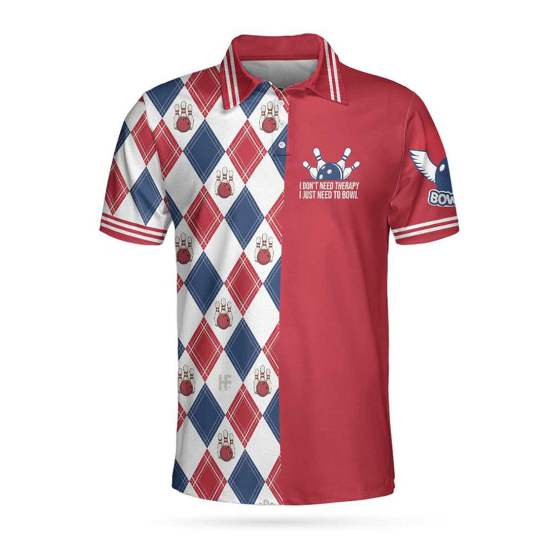 I Don'T Need Therapy I Just Need To Bowl Polo Shirt, Argyle Pattern Bowling Shirt For Men, Gift For Bowling Lovers