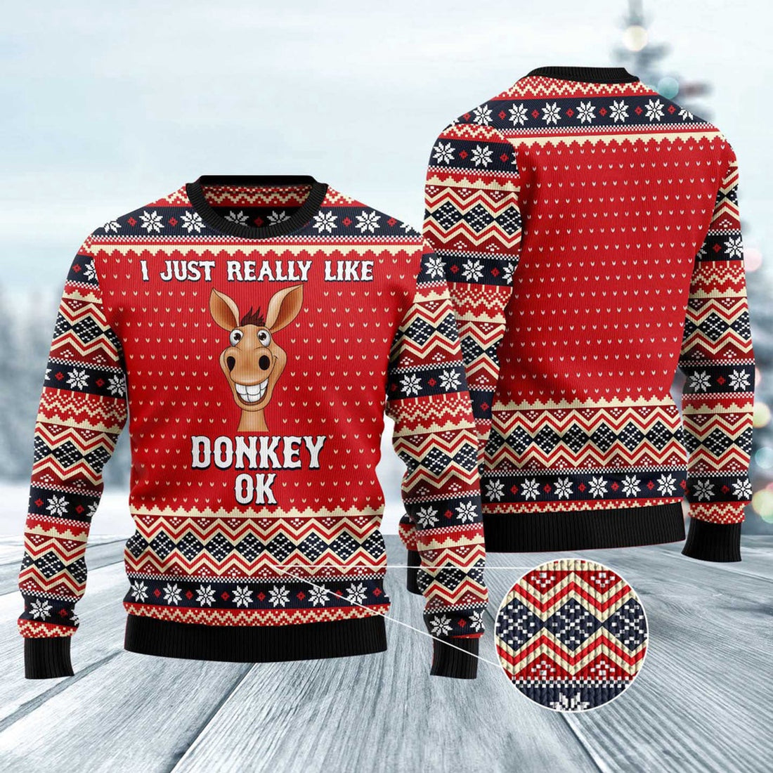 FUNSTUFFPRINT I Just Really Like Donkey Ok Ugly Christmas Sweater, Christmas Sweater, Ugly Sweater, Funny Xmas Sweaters Ugly Sweater