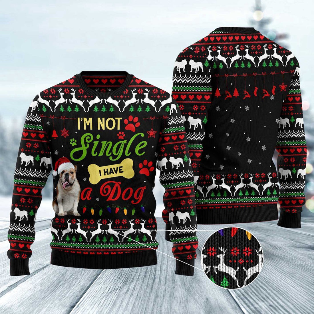 FUNSTUFFPRINT I’M Not Single I Have A Bulldog Ugly Christmas Sweater, Dog Ugly Christmas Sweater, Ugly Dog Sweaters Ugly  Sweater