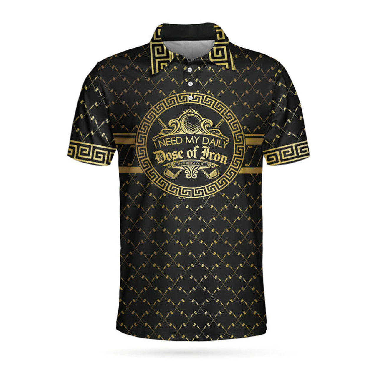 I Need My Daily Dose Of Iron Black & Gold Polo Shirt, Luxury Golden Greek Golf Shirt For Men