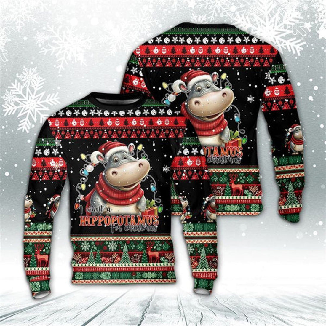 FUNSTUFFPRINT I Want A Hippopotamus For Christmas AOP Ugly Christmas Sweater For Men And Women, Best Gift For Christmas, The Beautiful Winter Christmas Outfit Ugly Sweater