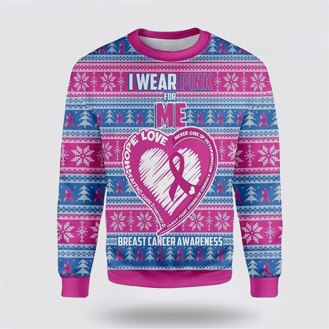 FUNSTUFFPRINT I Wear Pink For Me Breast Cancer Awareness Ugly Christmas Sweater – Christmas Gifts For Survivors Ugly  Sweater