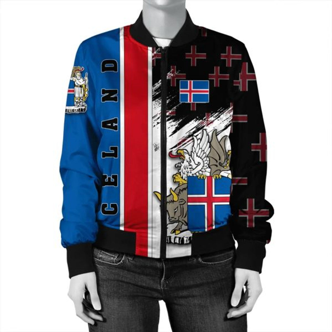 FUNSTUFFPRINT Iceland Coat Of Arms Women's Bomber Jacket - Flag Style JH Bomber Jacket