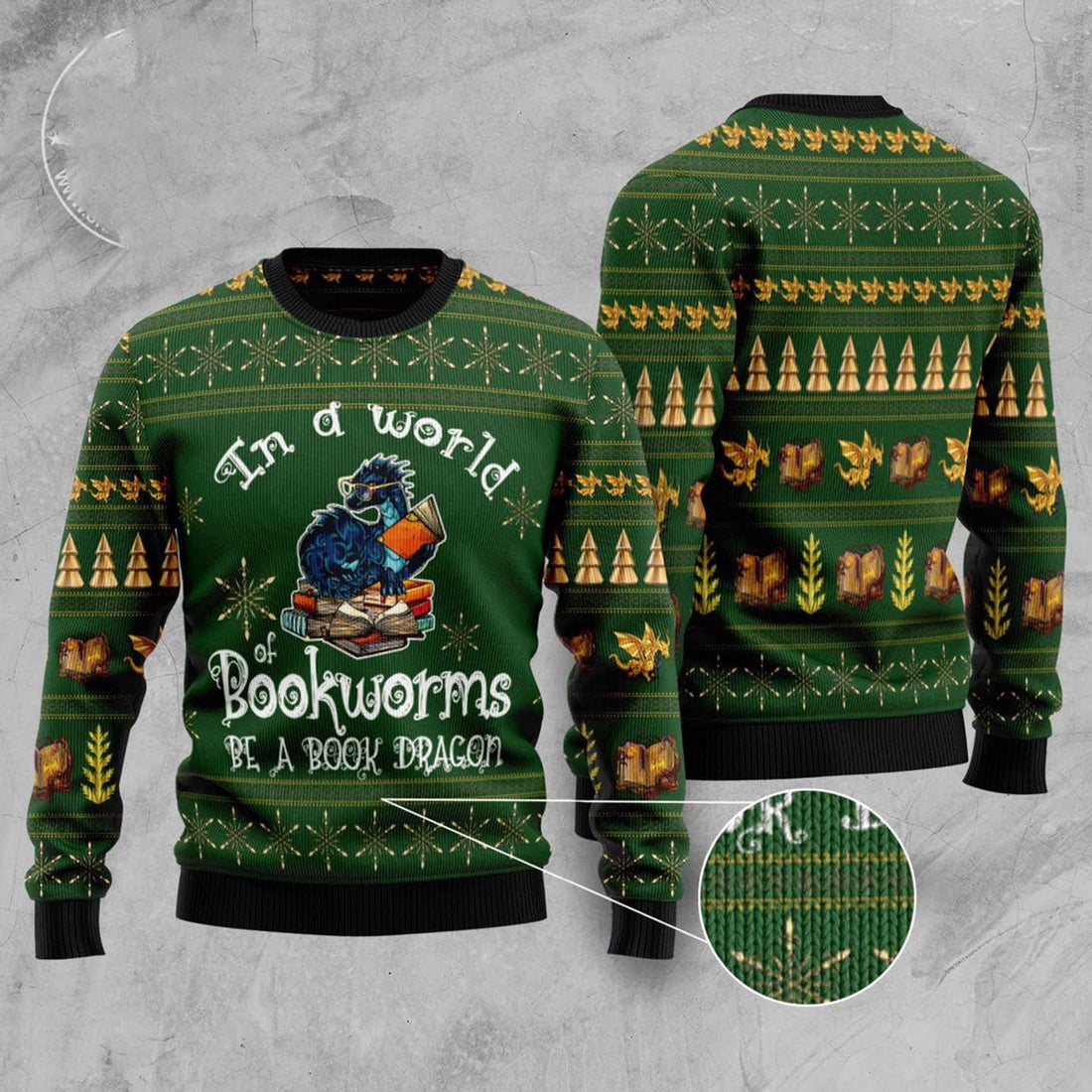 FUNSTUFFPRINT In A World Of Bookworms Be A Book Dragon Ugly Christmas Sweater, Christmas Sweater, Ugly Sweater, Funny Xmas Sweaters Ugly Sweater